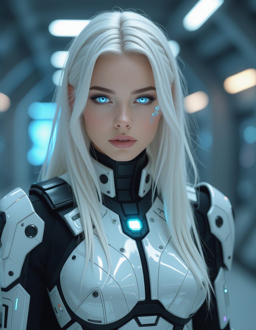 Cyberpunk Cyborg Girl with Glowing Eyes in Futuristic Suit