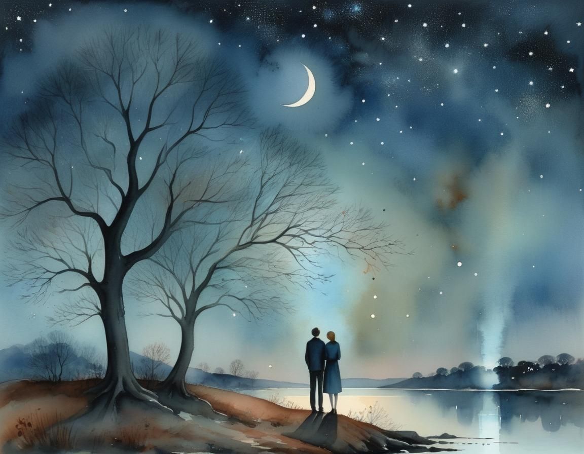 Watercolor Couple Under Moonlit Autumn Sky