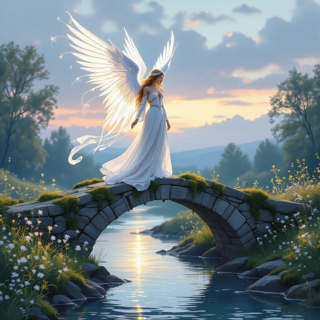 Angel on Ancient Bridge in Soft Twilight Light