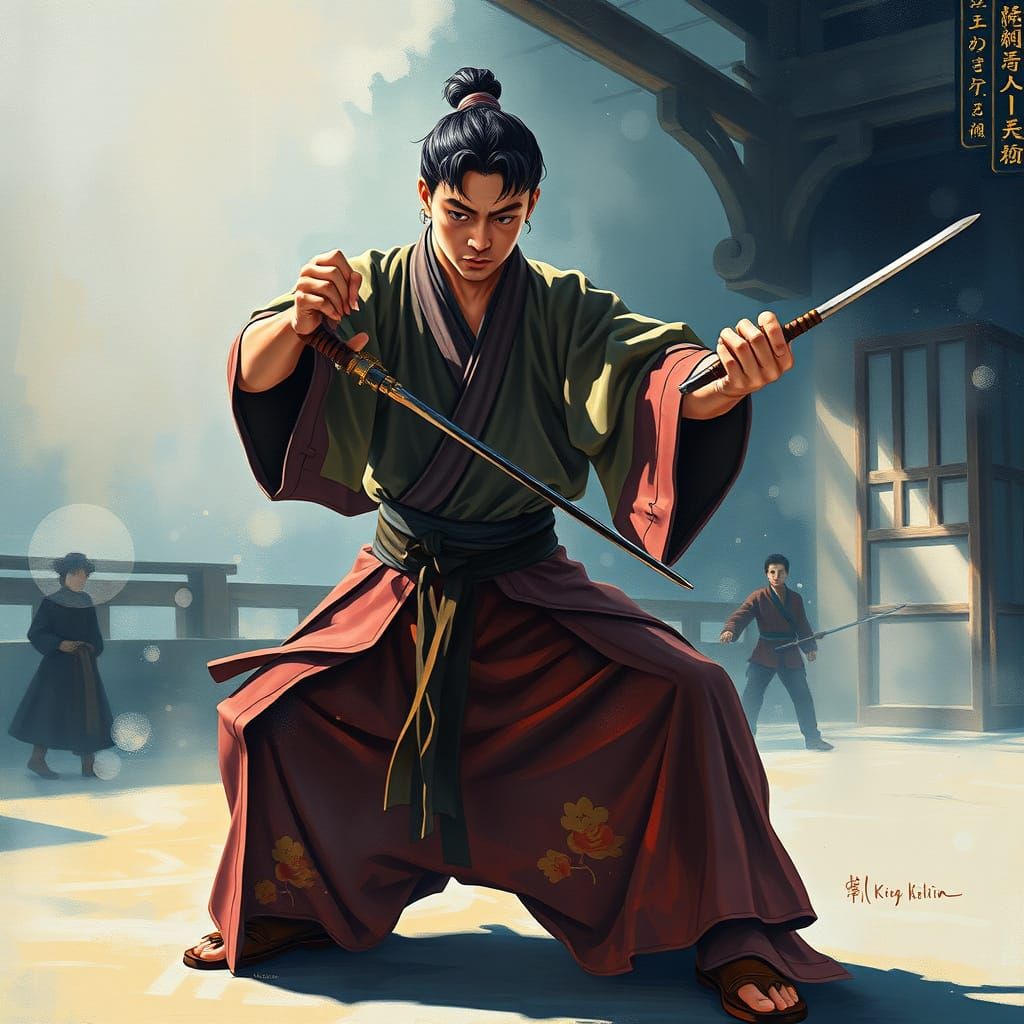 Karate Master Performing Kata in Gouache Style