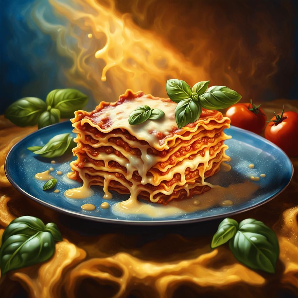 Mouthwatering Lasagna Slice in Oil Painting Style