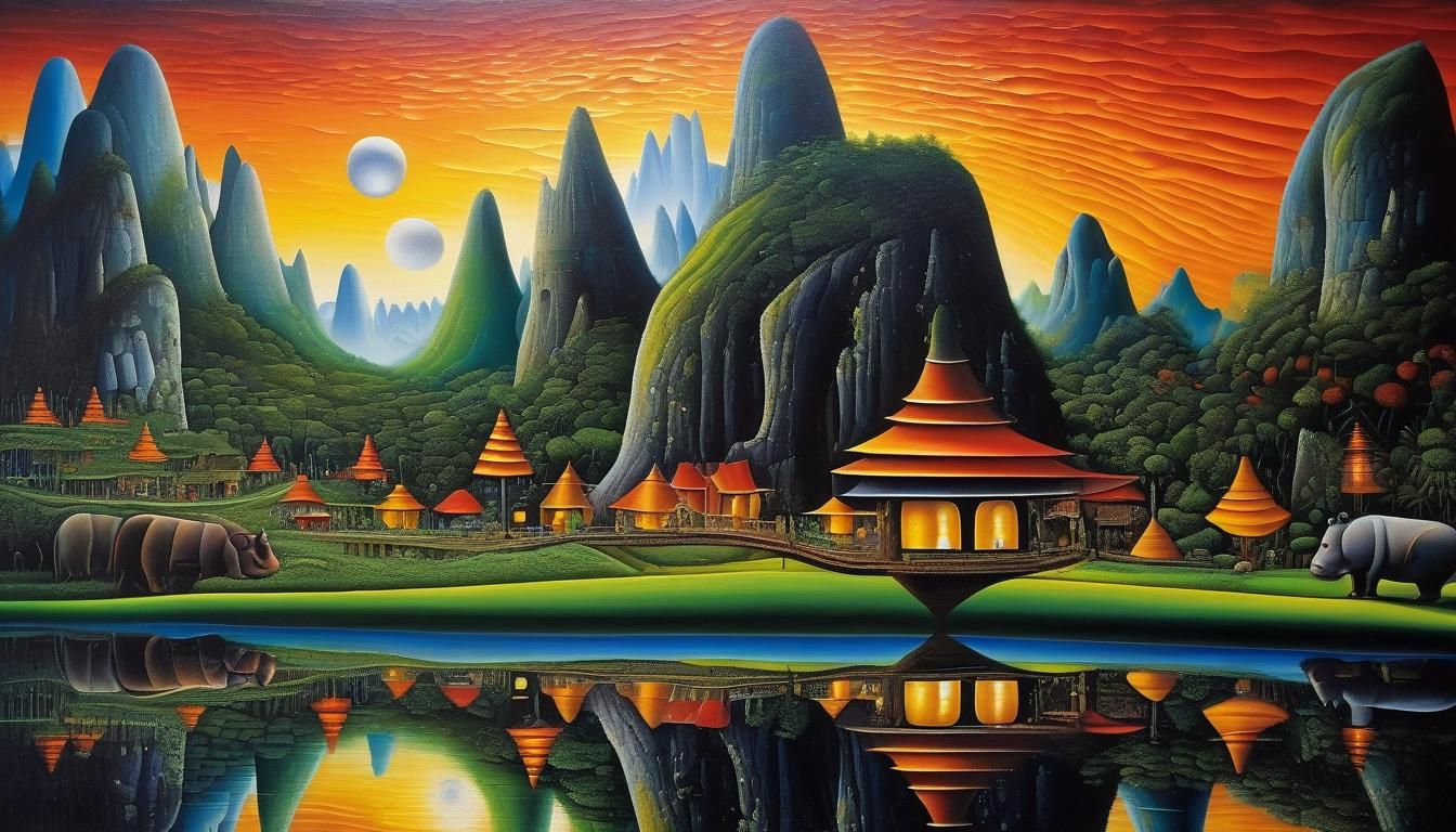 Mystic Hippopotamus Oil Painting in Hundertwasser Style