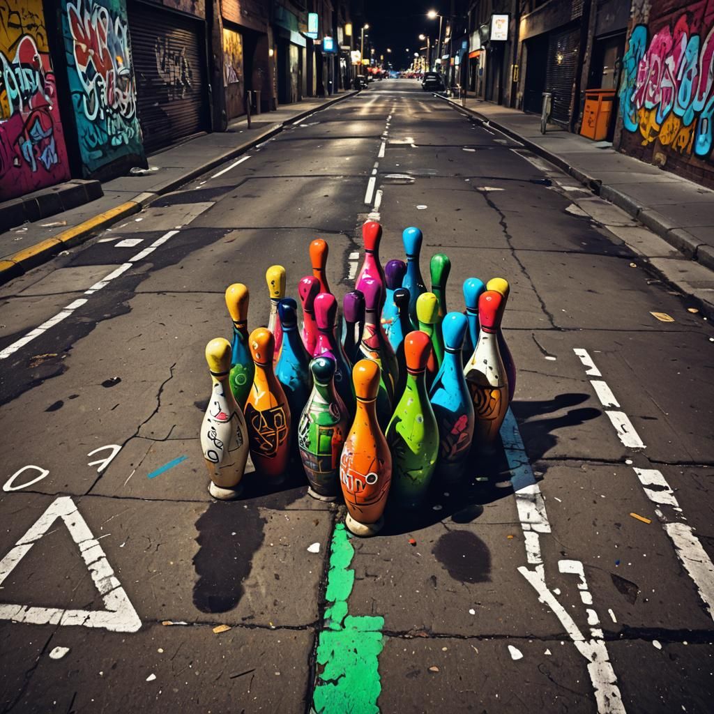 Vibrant Street Art: Bowling Pins in Neon City