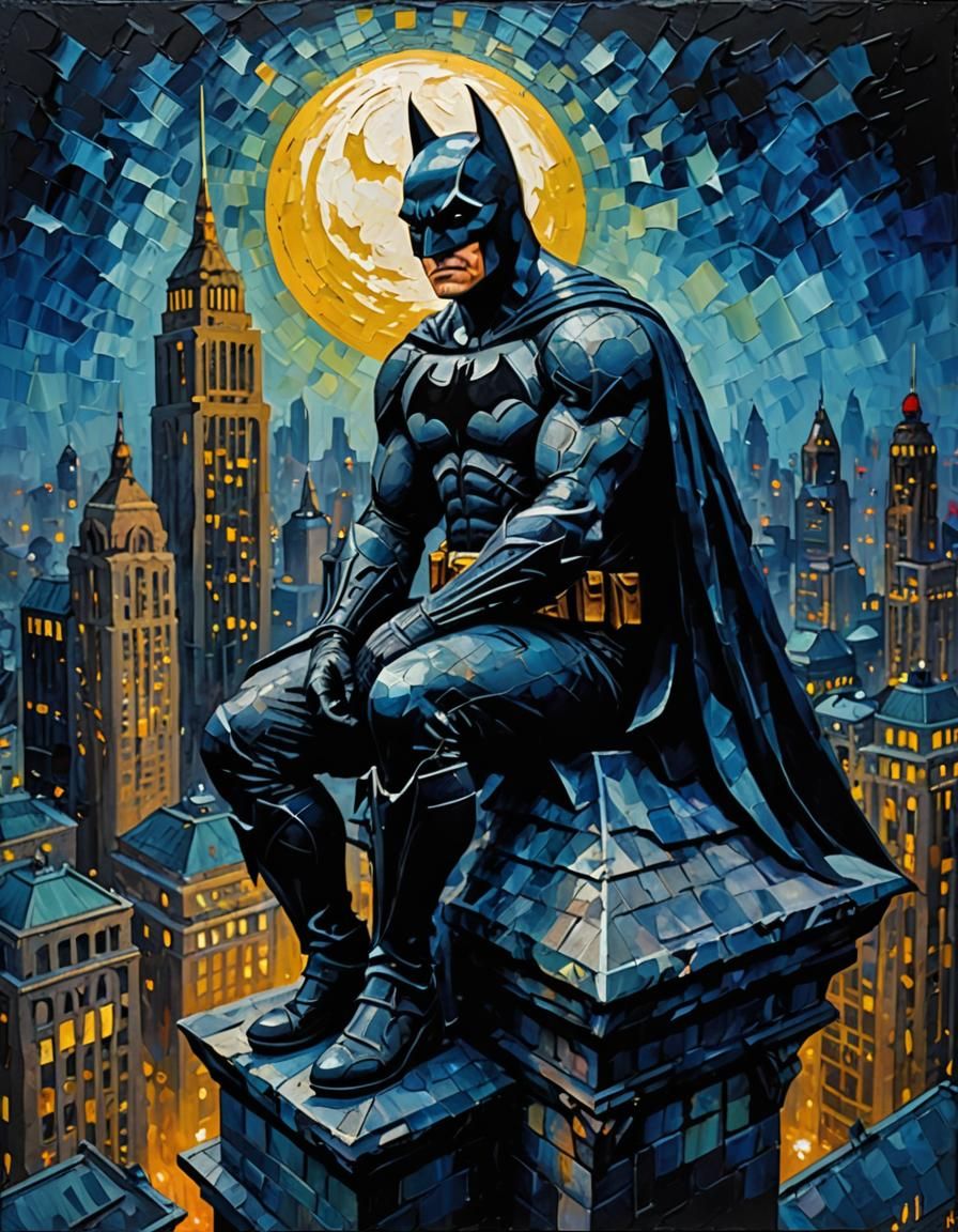 Batman on Gargoyle in Neo-Impressionistic Oil Painting
