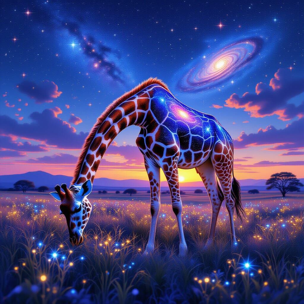 Galactic Giraffe Grazing Under Twilight Sky