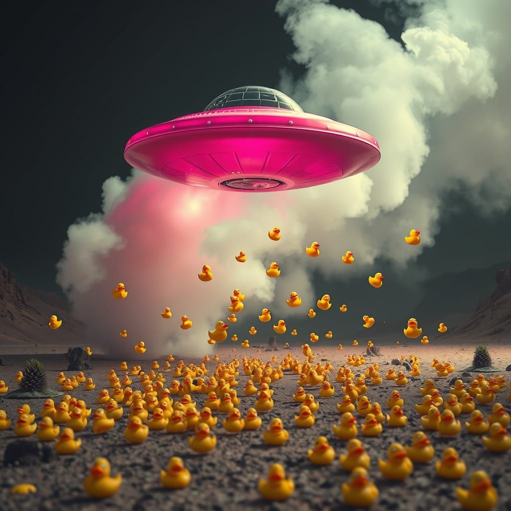 Vibrant Pink UFO Descends with Rubber Ducks in a Dreamlike S...
