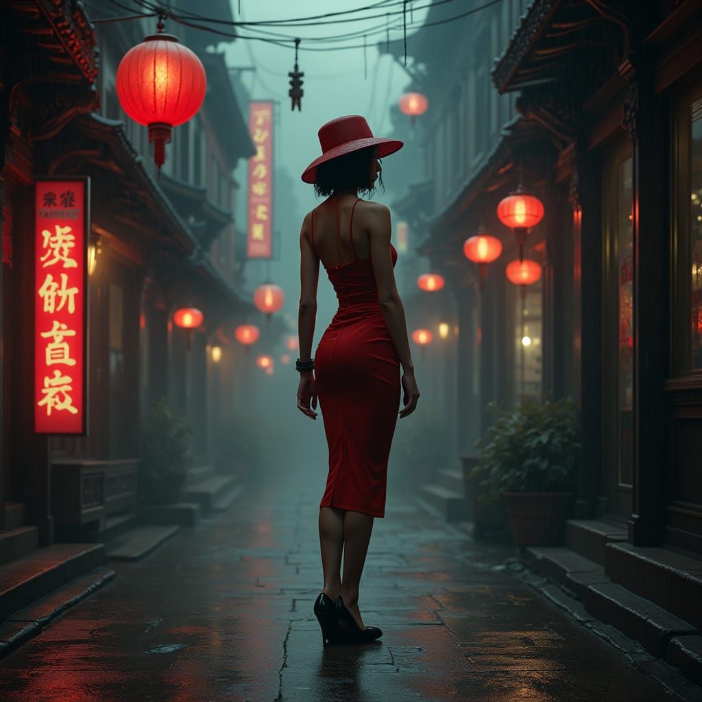 Ada Wong Noir in Gritty, High-Contrast Urban Landscape