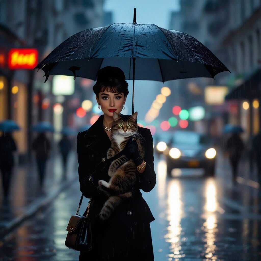 Woman Shields Cat from Rain on City Street