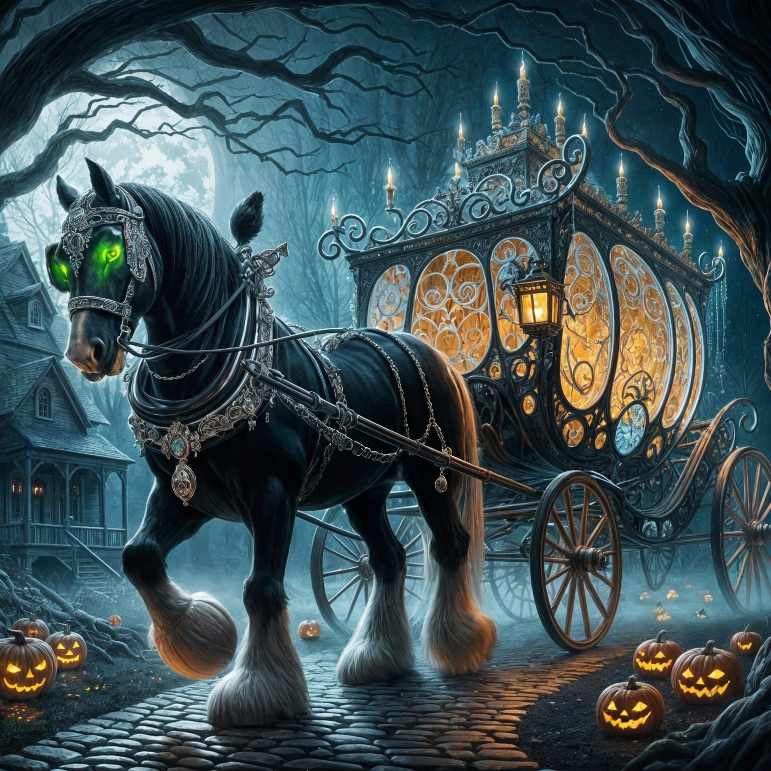 Gothic Pumpkin Coach Drawn by Black Clydesdale Horse