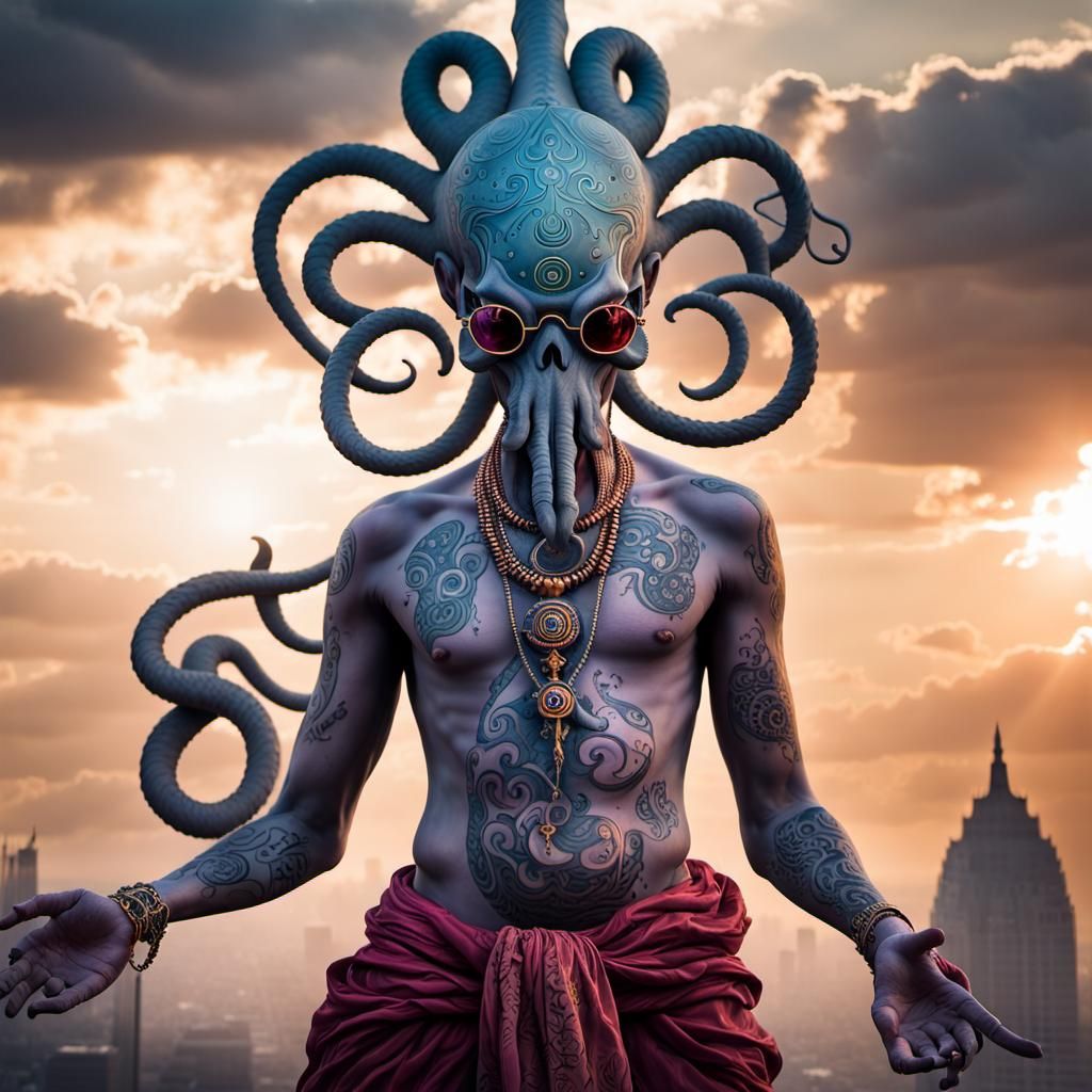 Monumental Mewtwo Cthulhu with Vedic Tattoos