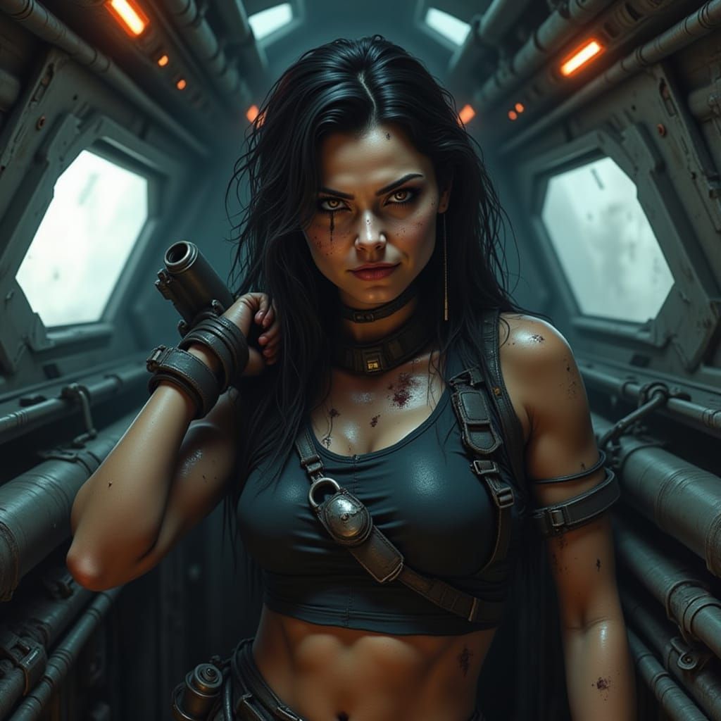 Cyberpunk Woman with Weapon in Spaceship