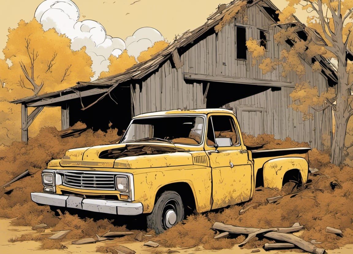 Abandoned Truck at Old Barn in Comic Style