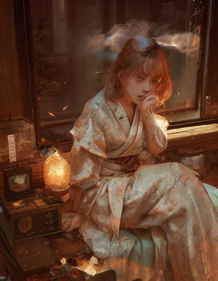 Serene Japanese Goddess Lost in Dark and Eerie Film Noir Sce...