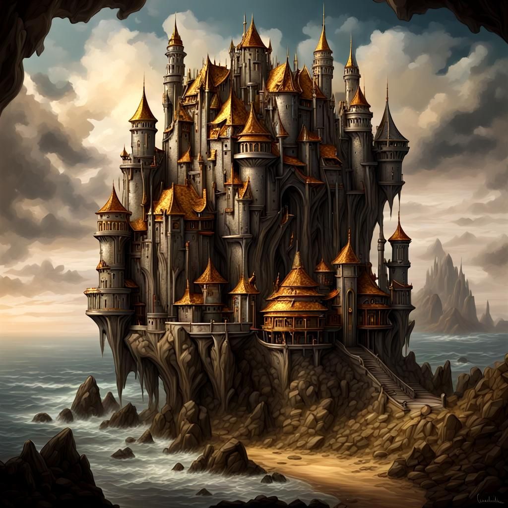 Fantasy retrofuturistic castle, rubidium and platinum and gold, Pacific coast, rugged, beautiful, strong, colorful, ult...