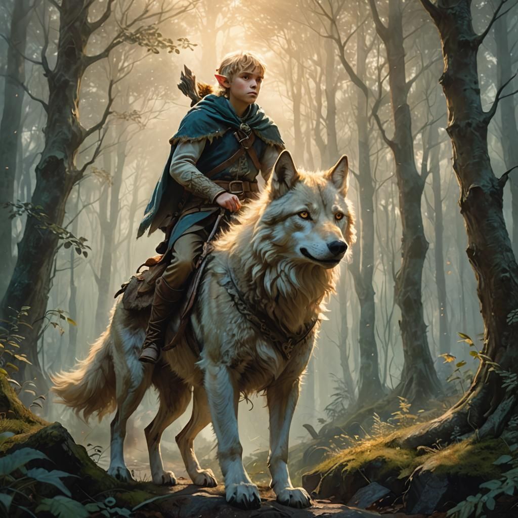 Elf Child Rides Wolf in Misty Forest