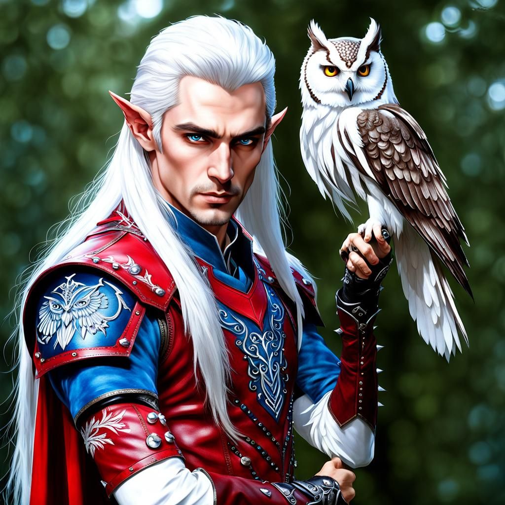 Elven Bladesinger with Owl Familiar in Red Armor