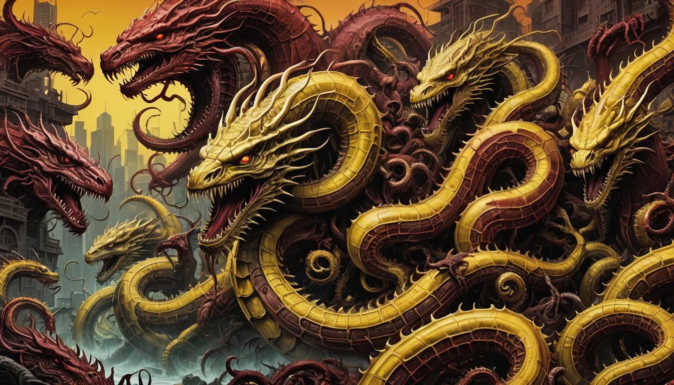 Monstrous Hydra-Leviathans in Frozen Tokyo, Giger Style