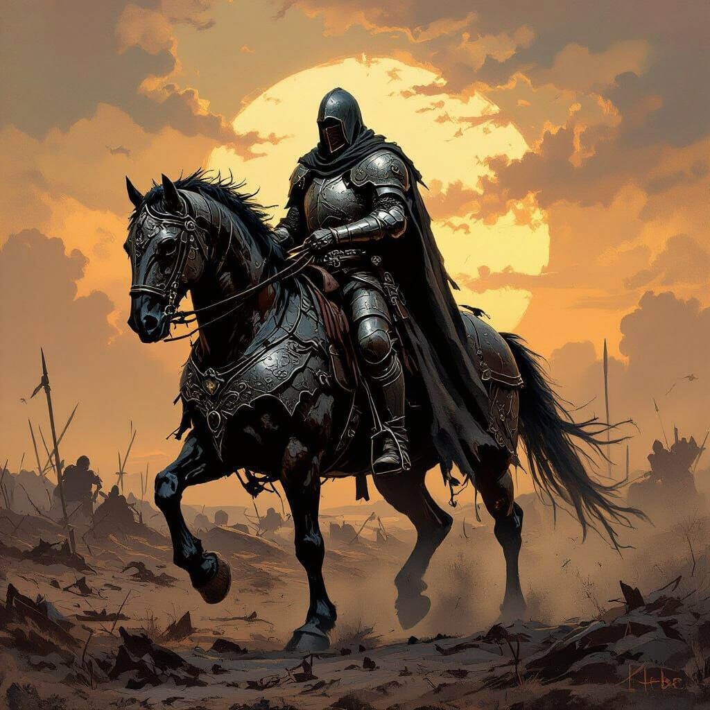 Knight on Steel Horse in Desolate Battlefield