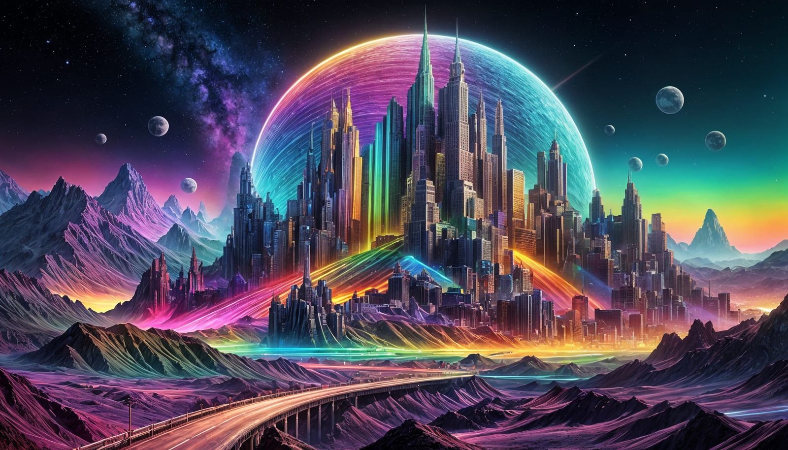 Enchanted Lunar City in Retro Sci-Fi Nebula