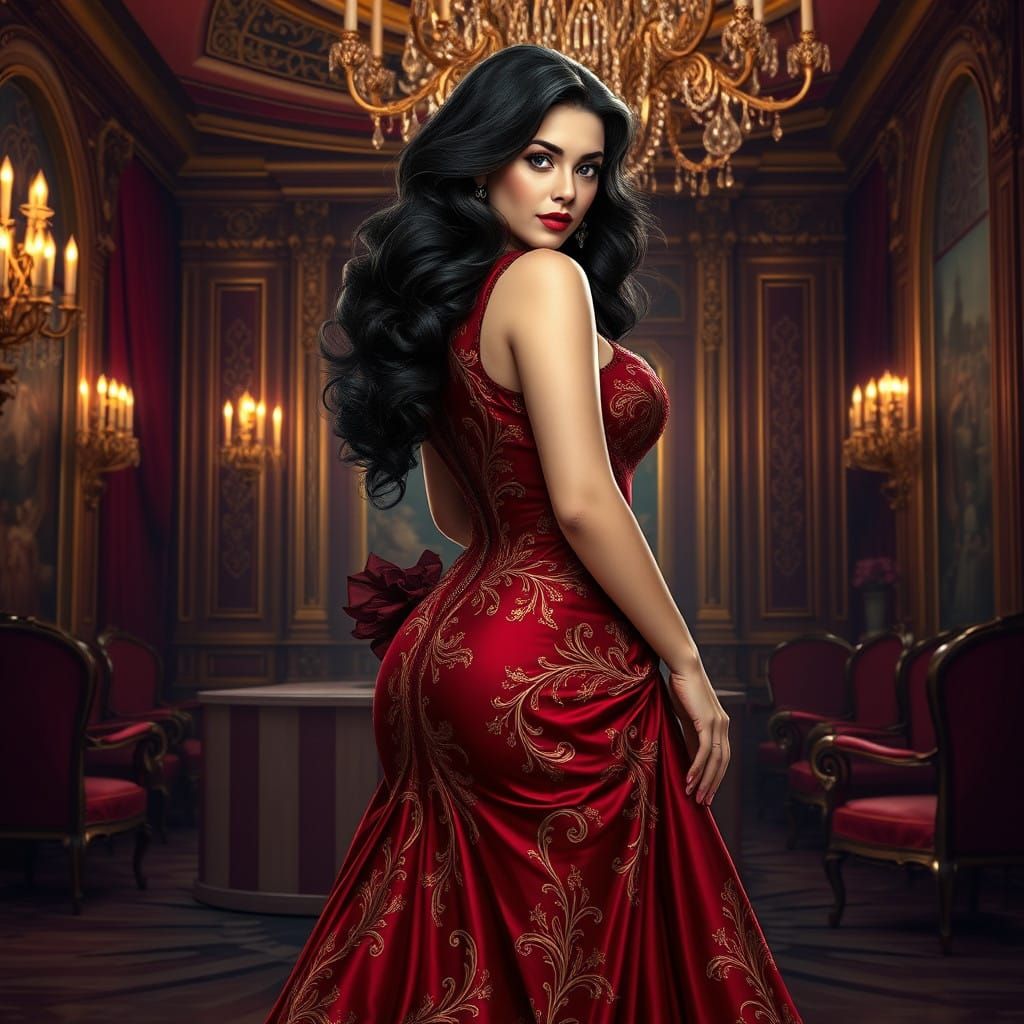 Curvaceous Woman in Ruby Red Gown, Baroque Ballroom Style