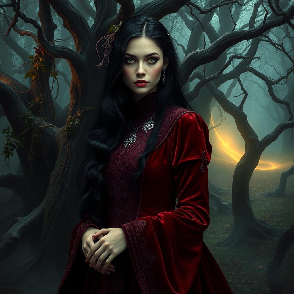 Gothic Romanian Enchantress in Mystical Forest Glade