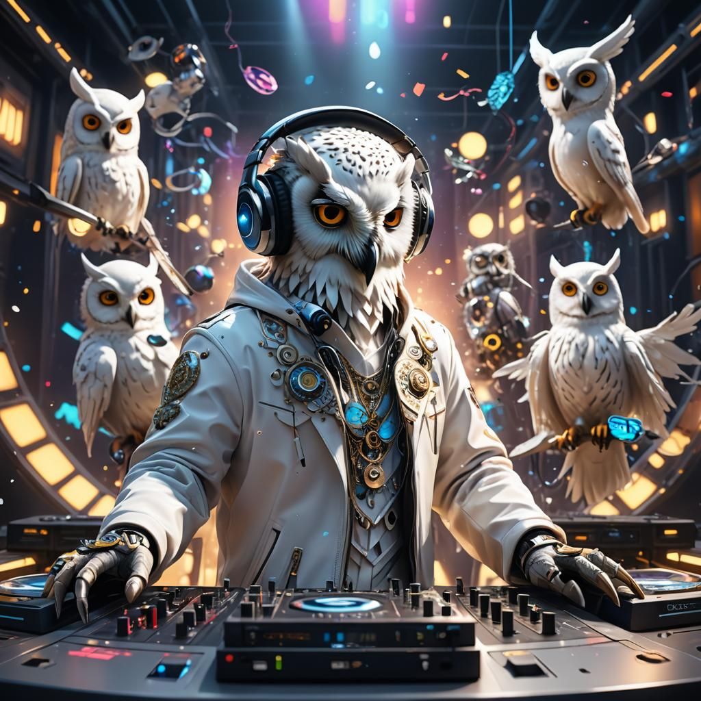 DJ Owl Mixing Music in White Latex Outfit