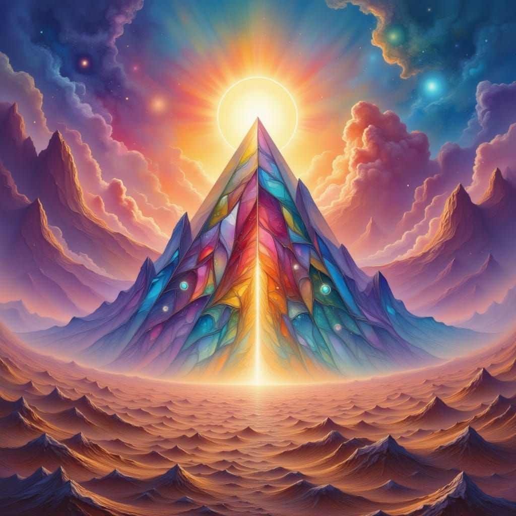 Glass Pyramid in Misty Desert with Rainbow Refractions