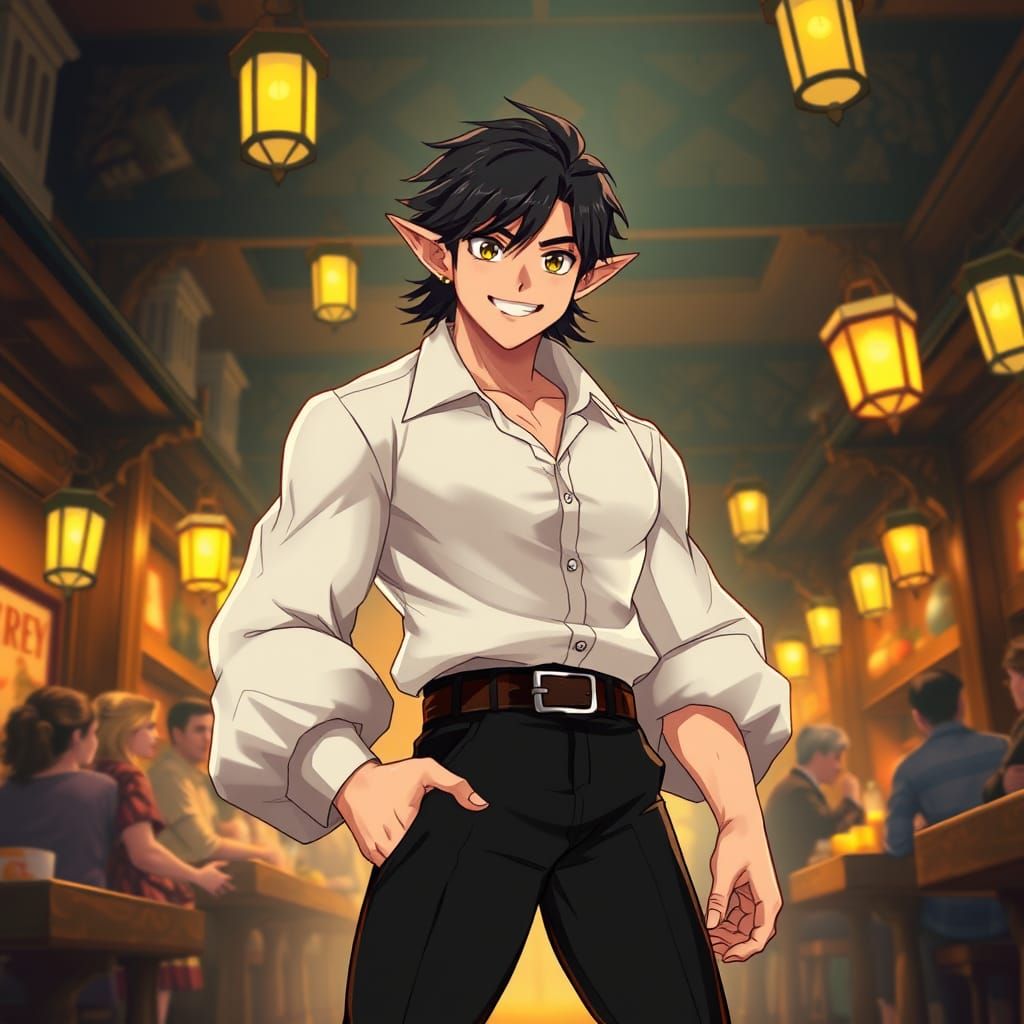 Confident Elf in Tavern, Studio Trigger Anime Style