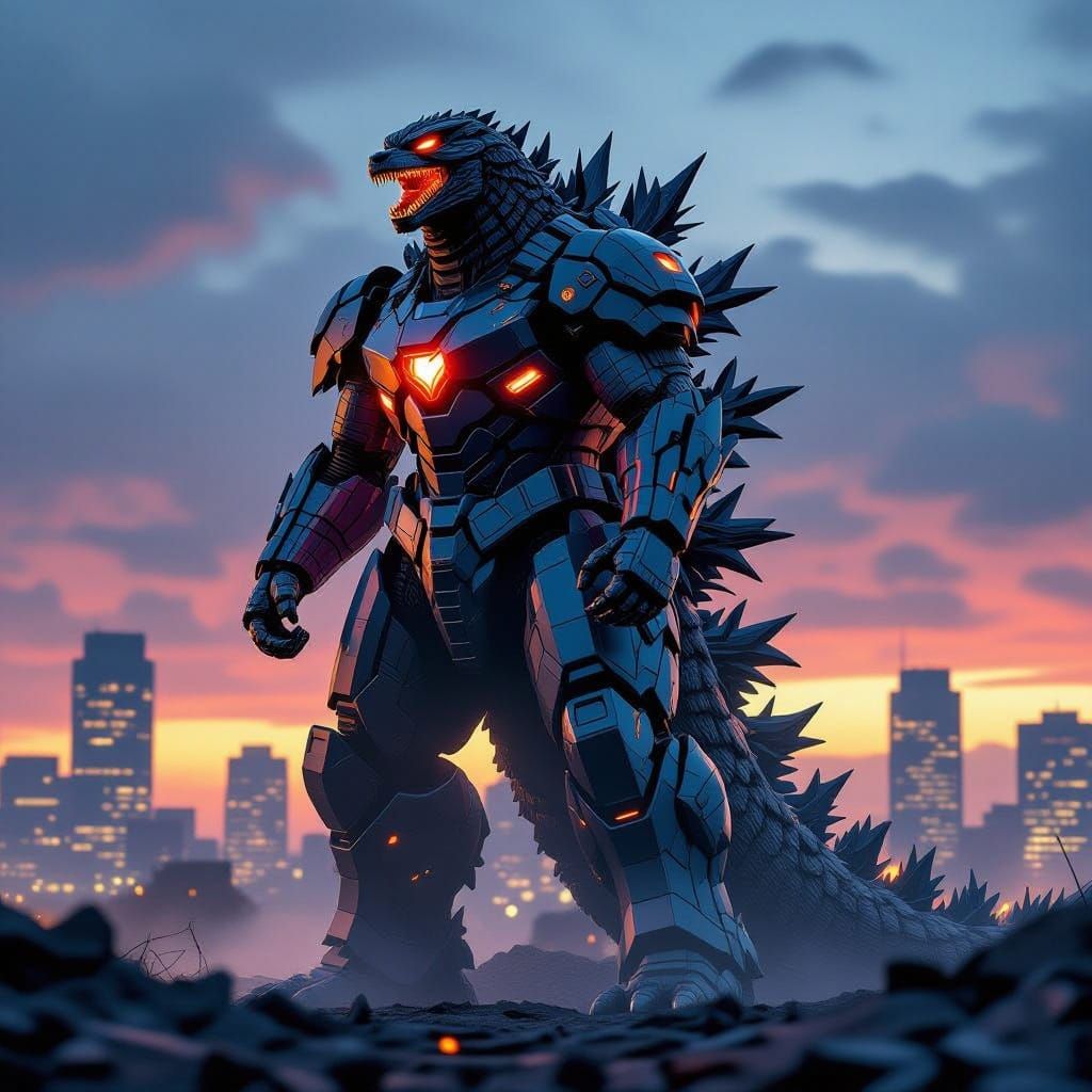 Godzilla in Gundam Armor Amidst Ruined City