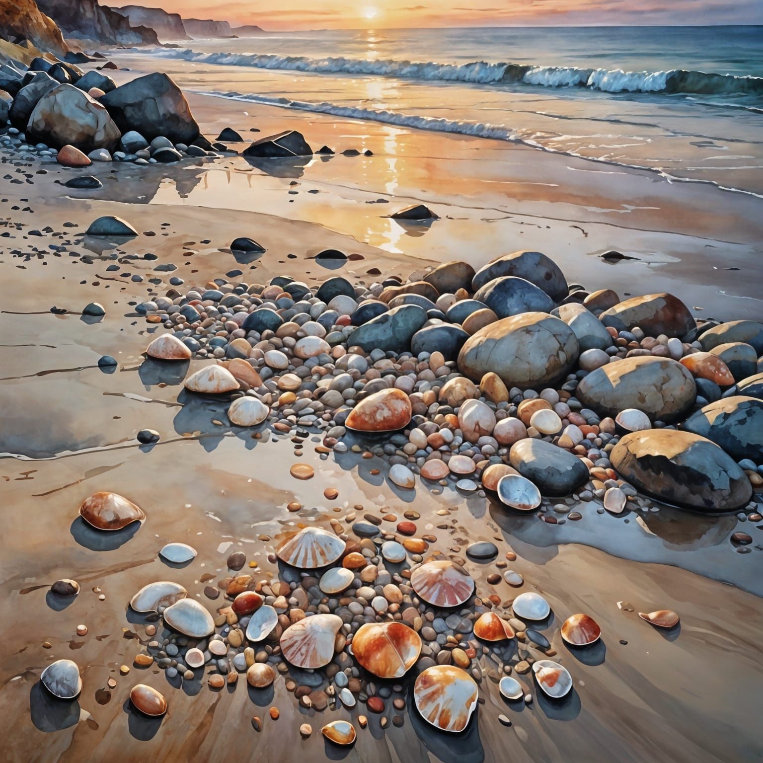 Sunset Shoreline in Watercolour Style