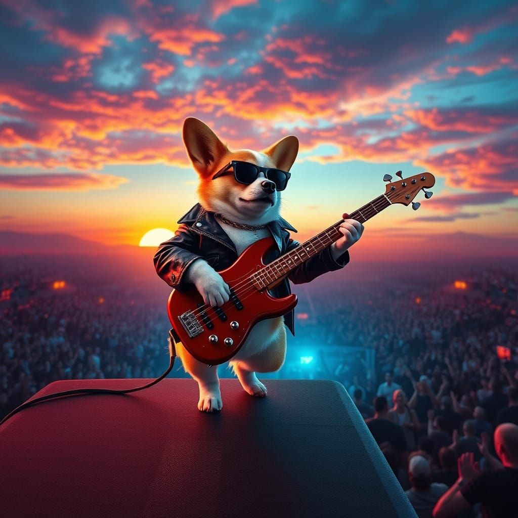 Rockstar Corgi Shreds Bass Guitar at Sunset Concert