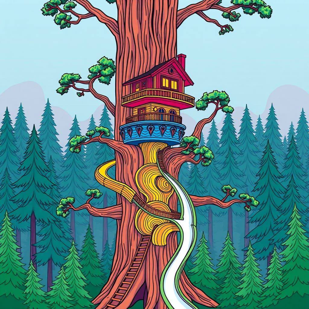 Epic Colorful Treehouse in Vector Art Style