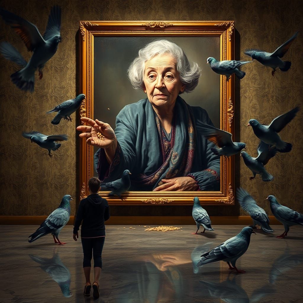 Elderly Woman Feeding Pigeons in Surreal Painting