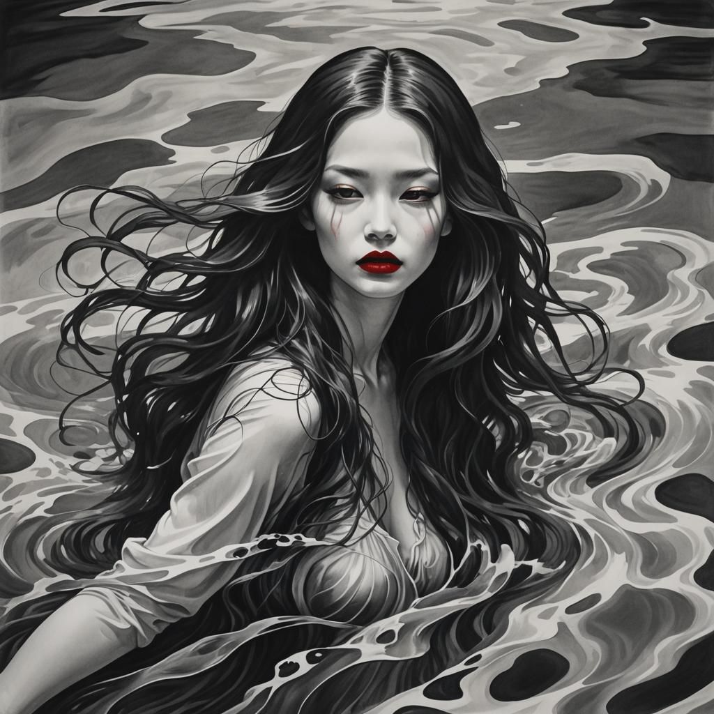 Monochromatic Woman Submerged in Water: Dark Fantasy Illustr...