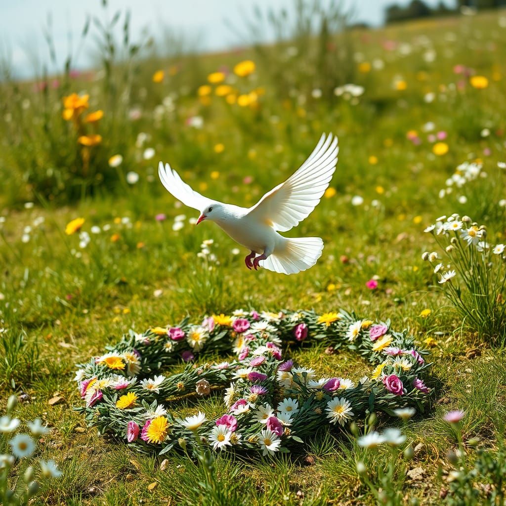 Dove Flying with Olive Branch Over Meadow