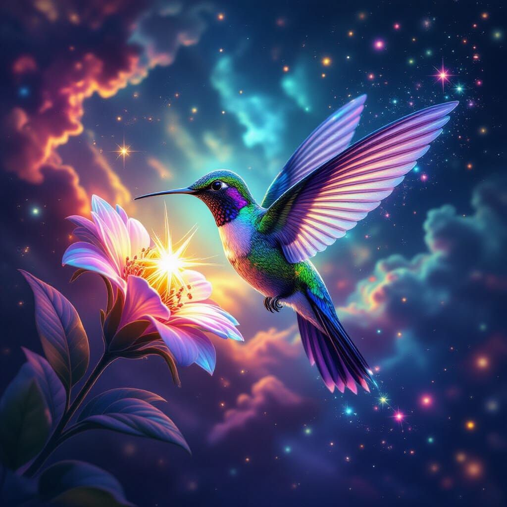Bioluminescent Hummingbird Sipping Star Nectar in Cosmic Neb...