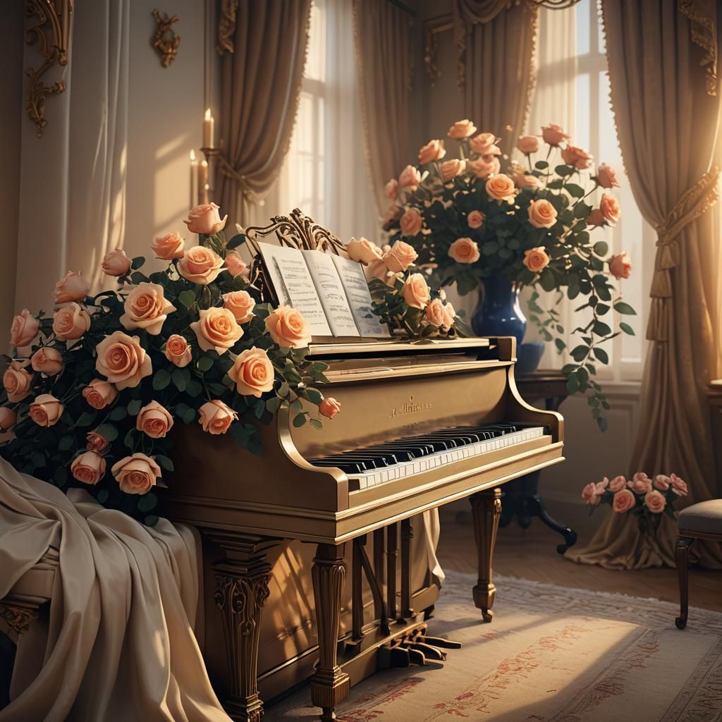Roses on Piano with Candlelight: Fantasy Concept Art