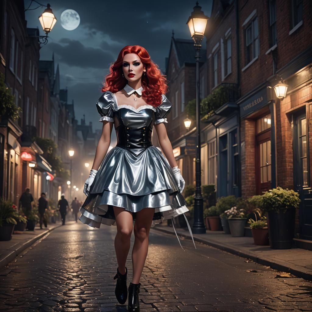 Crossdresser in Latex Dress on Moonlit Street