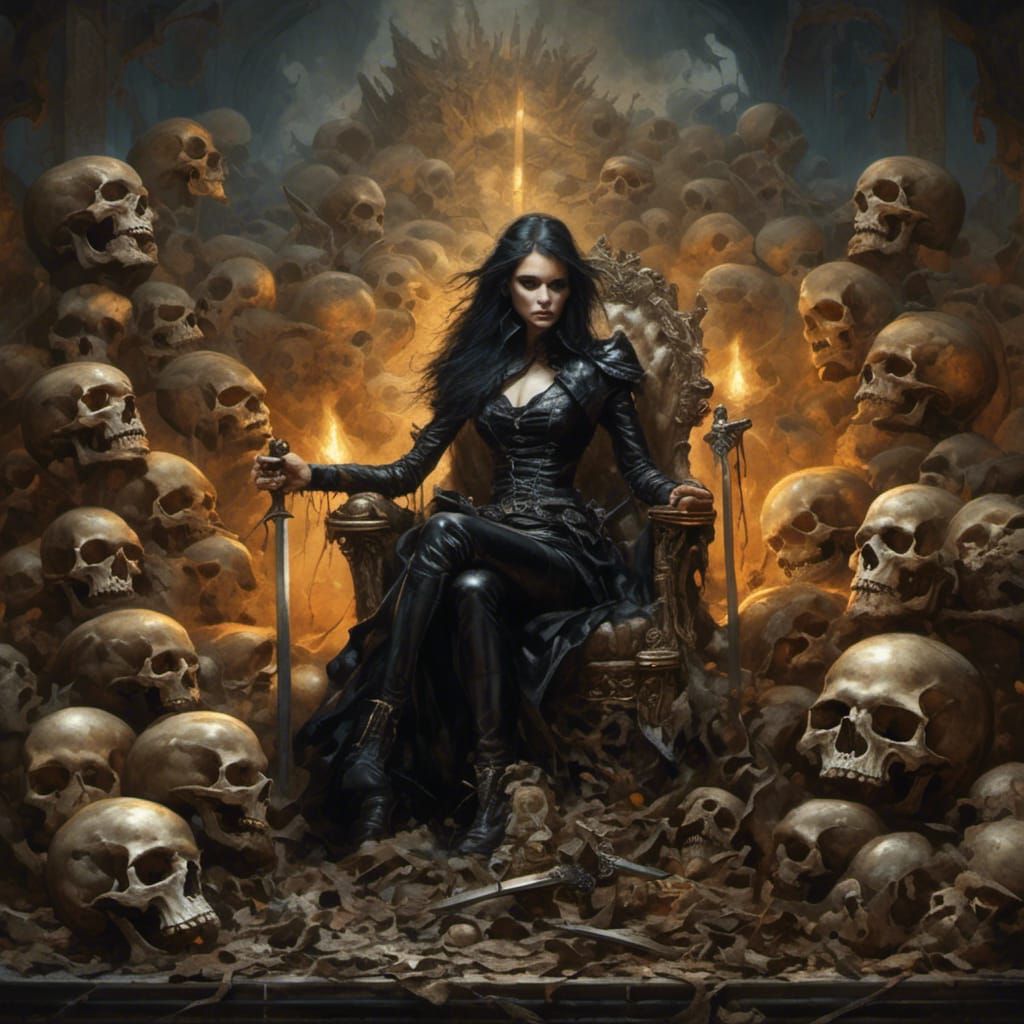 Hyperreal Woman on Skull Throne with Sword