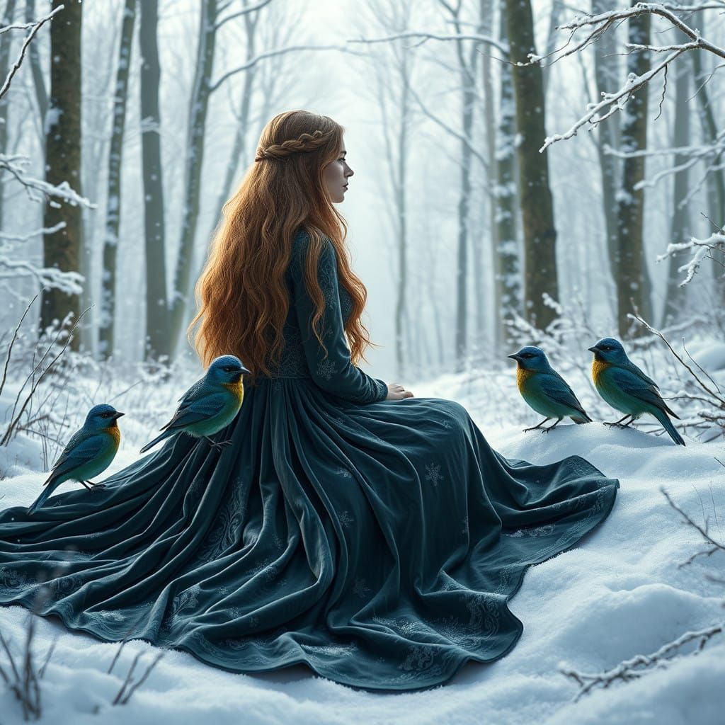 Ethereal Forest Goddess with Velvet Dress and Flowing Hair