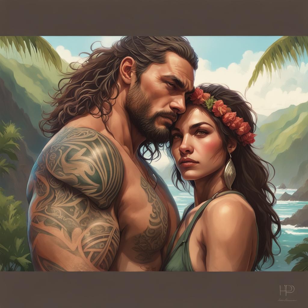 Jason Momoa and Hawaiian Girl Cuddling: Art Nouveau Portrait