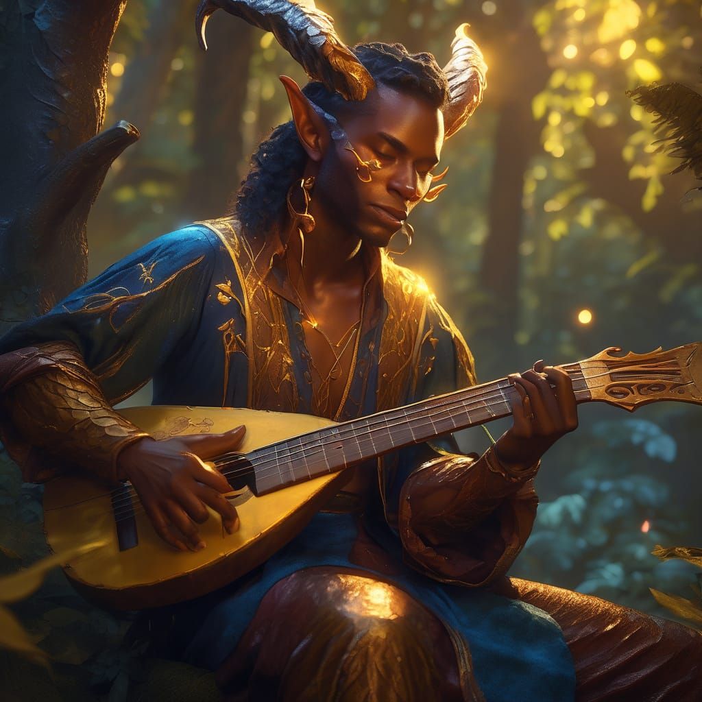 Tiefling Bard Plays Lute in Mystical Forest