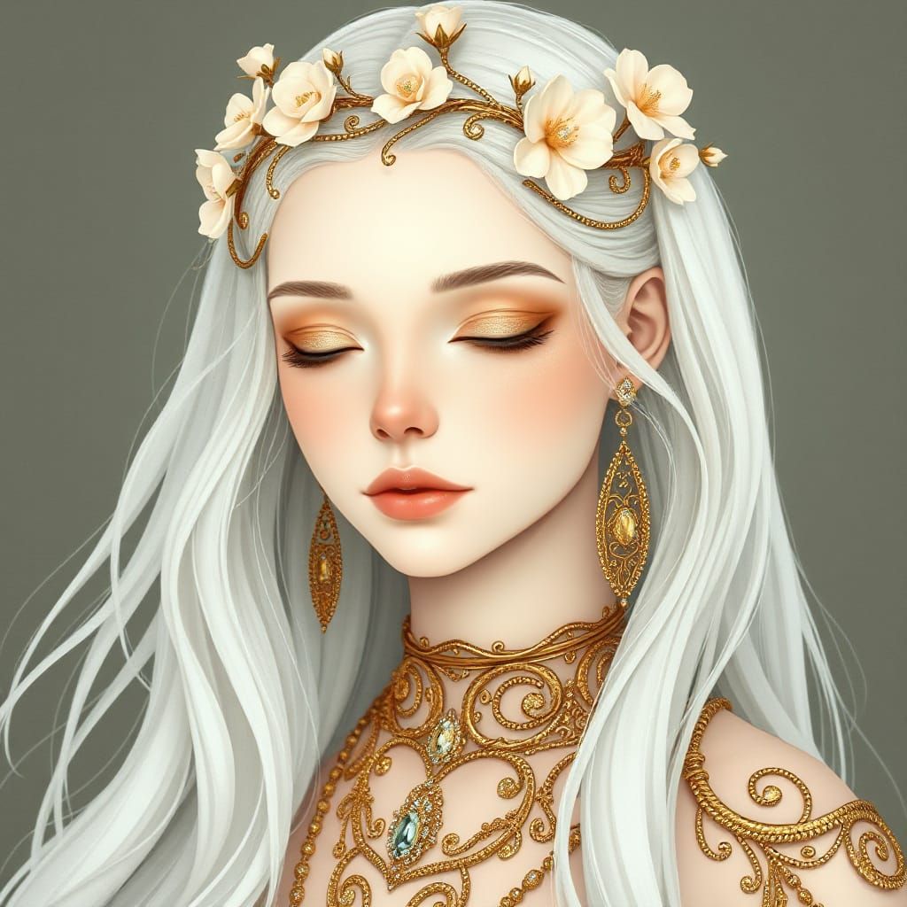 Ethereal Goddess in Golden Filigree with Floral Crown