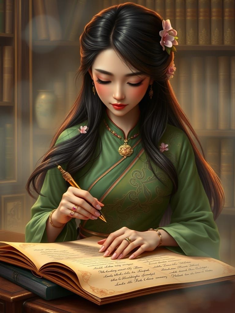 Thai-Inspired Lady Sits in Serene Library