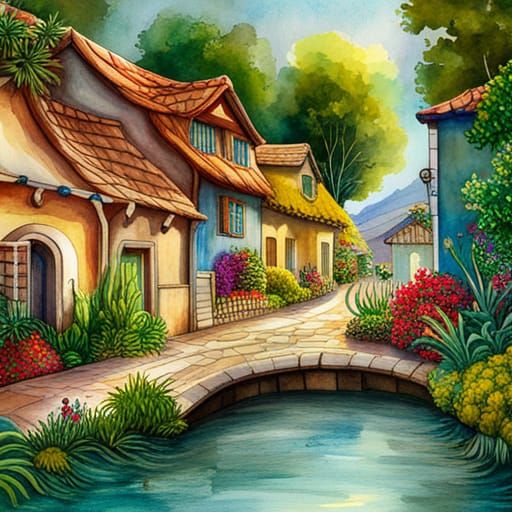 Mermaids and Dolphins in Canal: Watercolor Painting