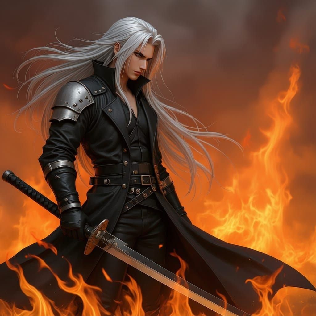 Sephiroth with Katana Amid Flames and One Wing