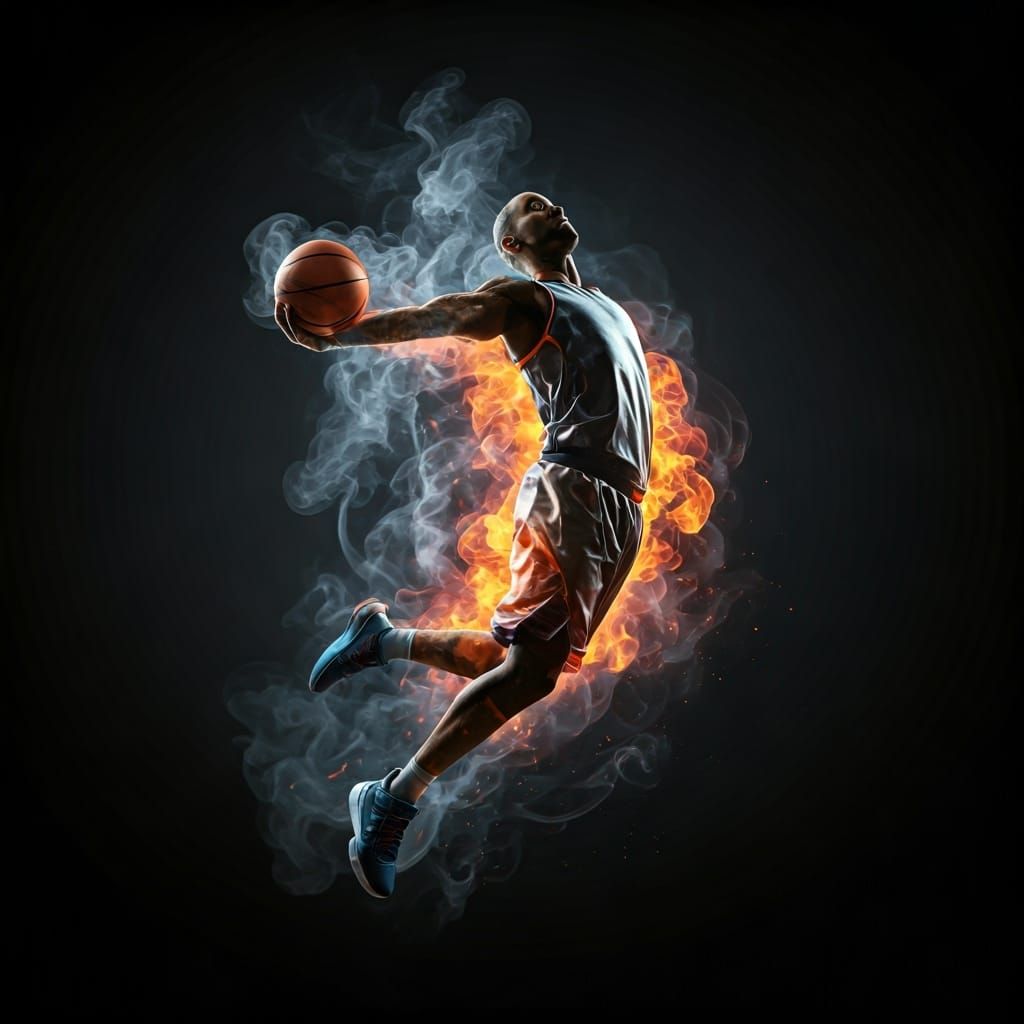 Flaming Basketball Dunk in Futuristic Style