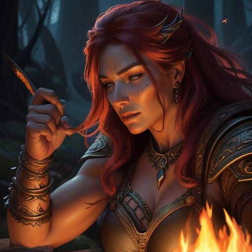 Muscular Barbarian Woman Rests by Campfire