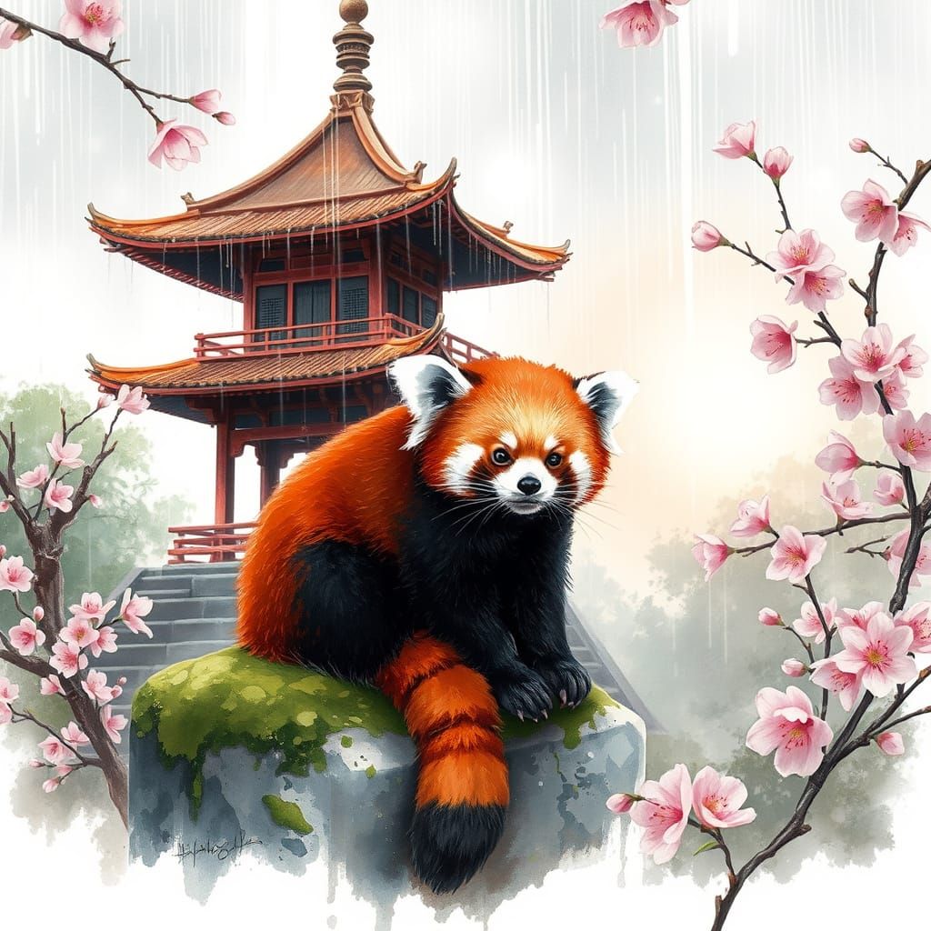 Red Panda in East Asian Garden, Watercolour Style