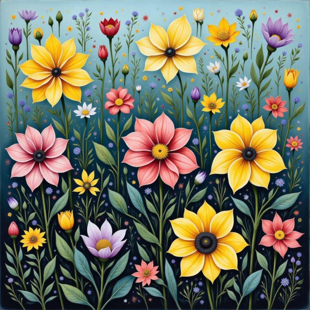 Vibrant Scandinavian Floral Still Life in Modern Folk Art St...